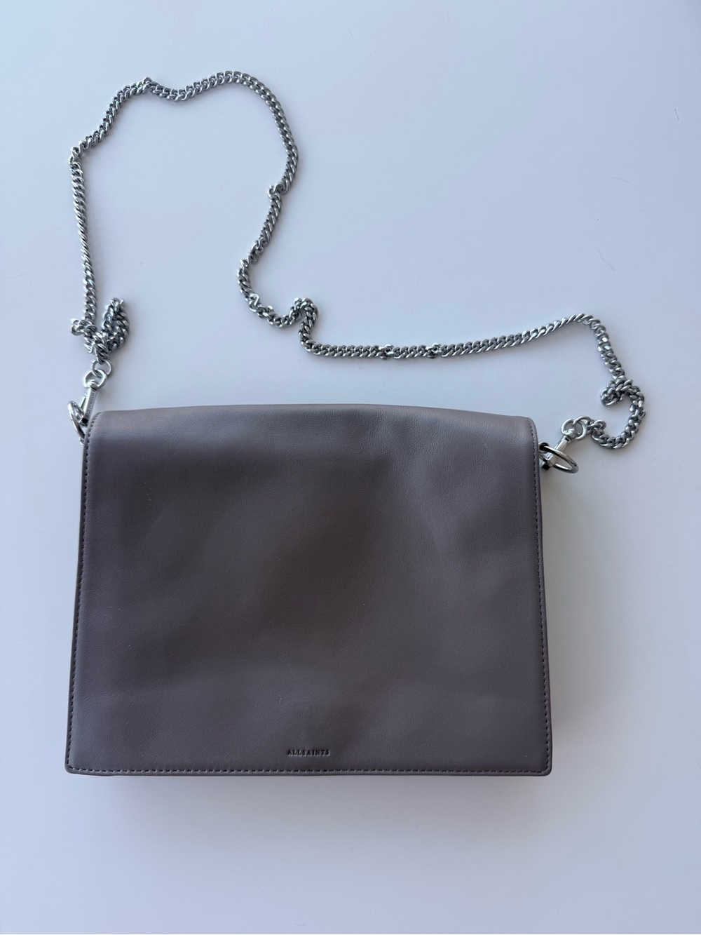All Saints Gray Leather Bag with Silver Chain Strap
